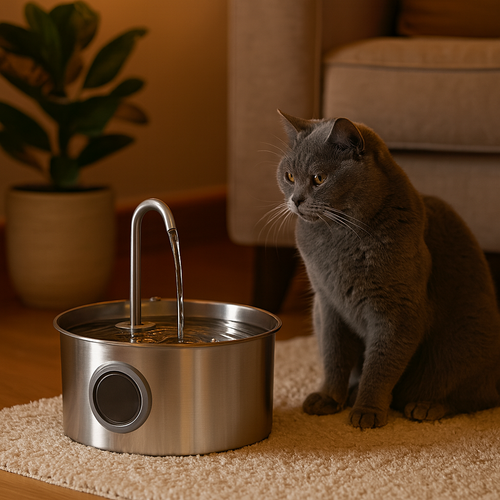 Fontaine inox dans un salon, un chat posé à côté