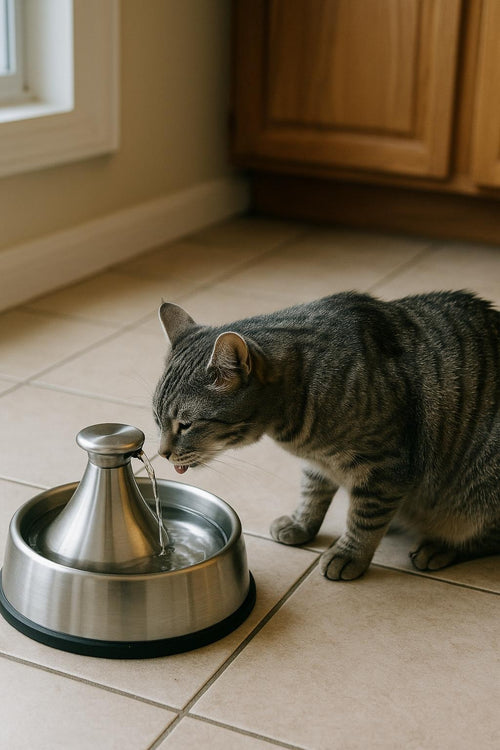 Chat qui boit a la fontaine inox