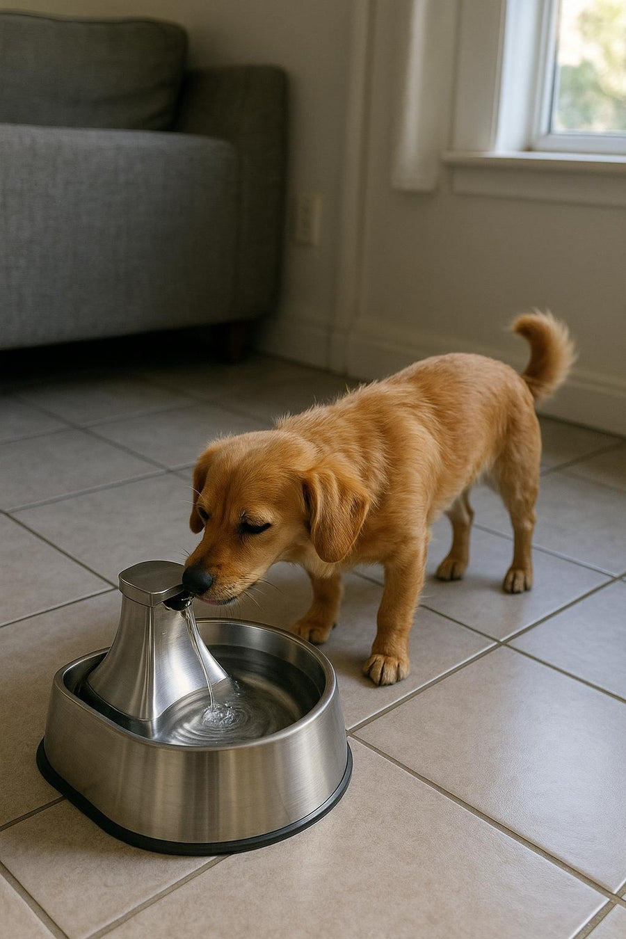 Chien qui boit a la fontaine inox